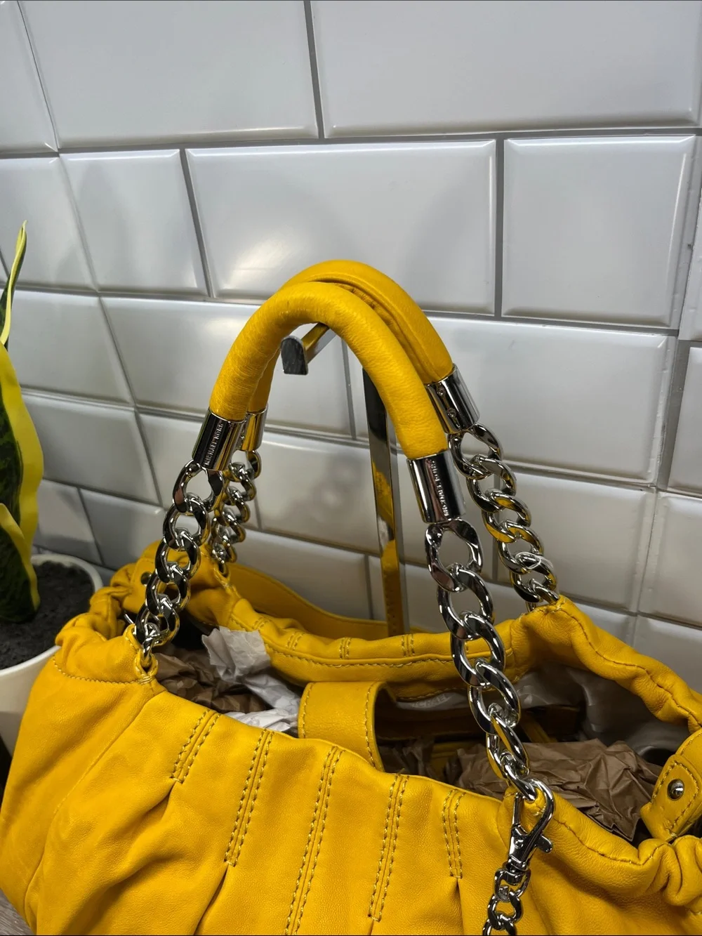 Michael Kors Yellow Pleated Shoulder Bag with Chain Detail